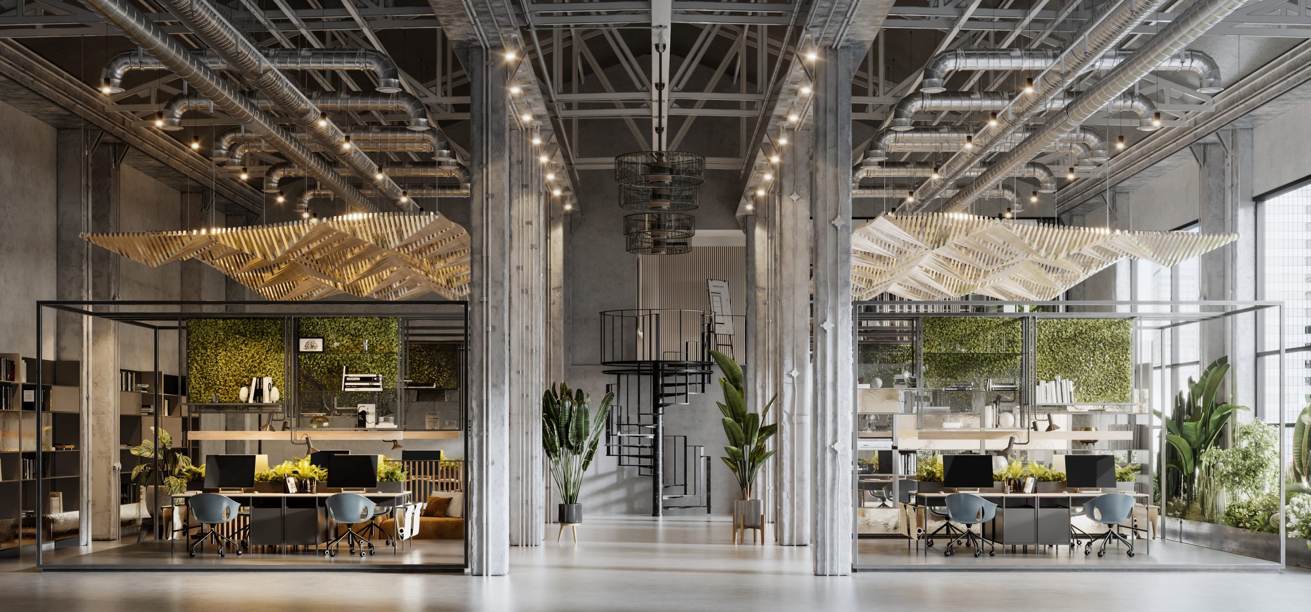 3D rendering of a large green office space